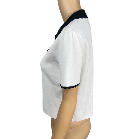 NWT Truth by Republic White Black Ric Rac Trim Collared Short Sleeve Cardigan M - Picture 5 of 8